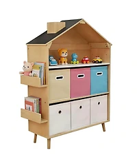 Mega Casa House-Style Kids Storage Cabinet, Multi-Bin Toy Organizer and Book Display Bookcase for Playrooms & Bedrooms