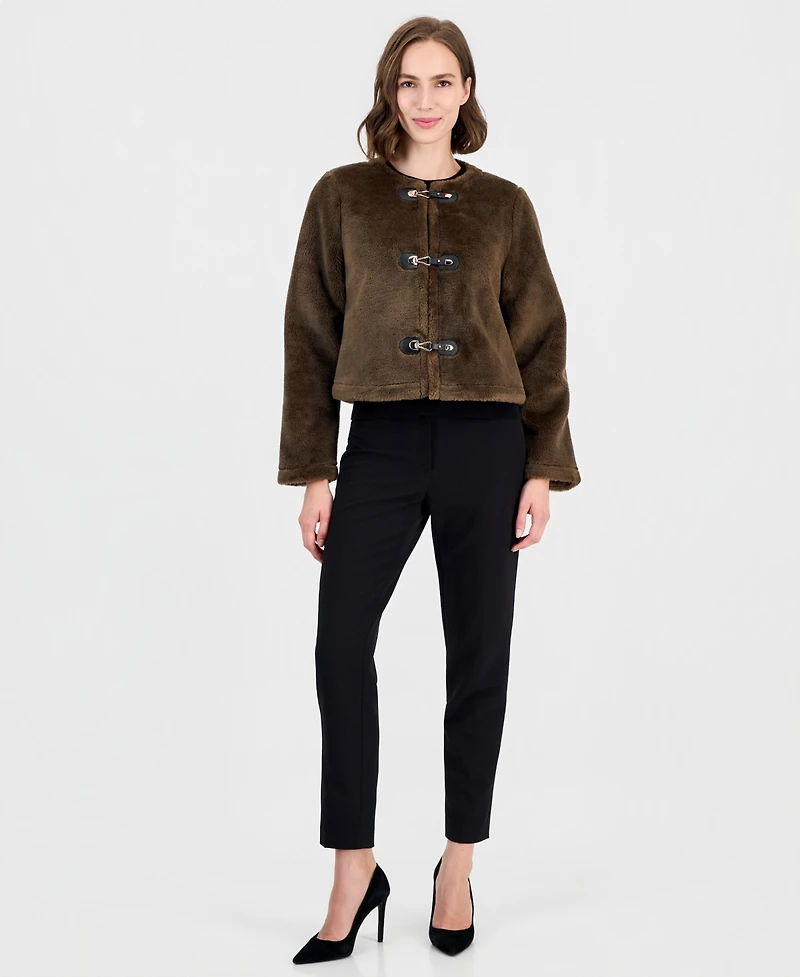 T Tahari Women's Cropped Buckled Faux Fur Coat