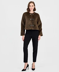 T Tahari Women's Cropped Buckled Faux Fur Coat