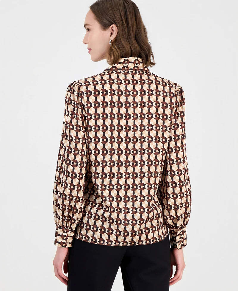 T Tahari Women's Long-Sleeve V-Neck Bow Tie Geometric-Print Blouse