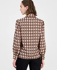 T Tahari Women's Long-Sleeve V-Neck Bow Tie Geometric-Print Blouse