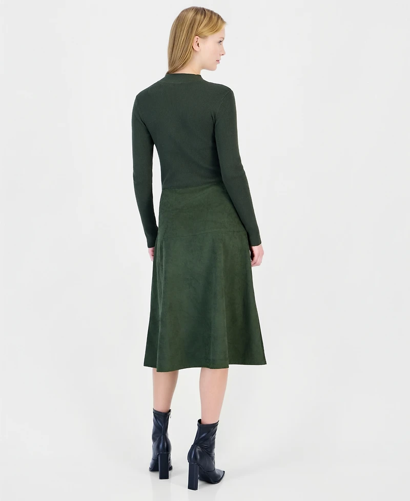 T Tahari Women's Mock Neck Long-Sleeve Faux Suede Skirt Dress