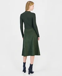 T Tahari Women's Mock Neck Long-Sleeve Faux Suede Skirt Dress
