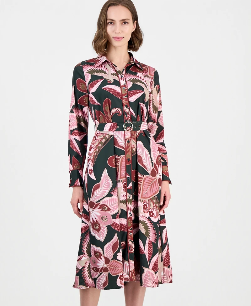 T Tahari Women's Floral Long-Sleeve Fit-and-Flare Midi Dress