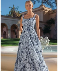 Mac Duggal Women's Floral Cotton Ruffle Square Neck Ankle Dress