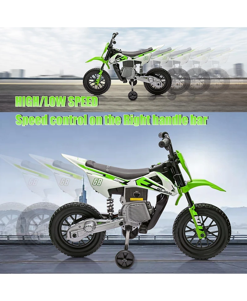 homfan 12V Kids Electric Dirt Bike - Dual 25W Motors, Twist Grip Throttle, Training Wheels, Spring Suspension, Ride On Toy for Ages 3