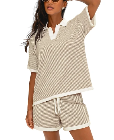 Cupshe Women's Beige and White Striped Terry Polo Top Shorts Matching Set