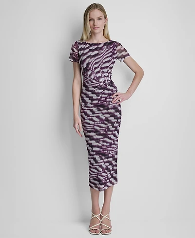 Dkny Women's Printed Side Knot Mesh Midi Dress