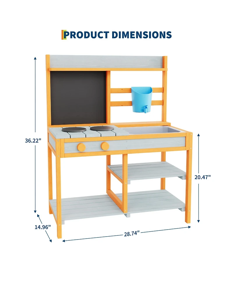 homfan 28.7 x 16.1 x 36.2 Inch Outdoor Kids Play Kitchen, Fir Wood Pretend Cooking Toy Set for Backyard Garden, Ages 3-8