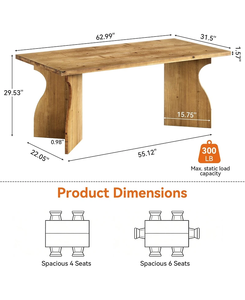 Tribesigns 63-Inch Solid Wood Dining Table for 4-6, Farmhouse Rectangular Kitchen Table with Heavy-Duty Pedestal Base