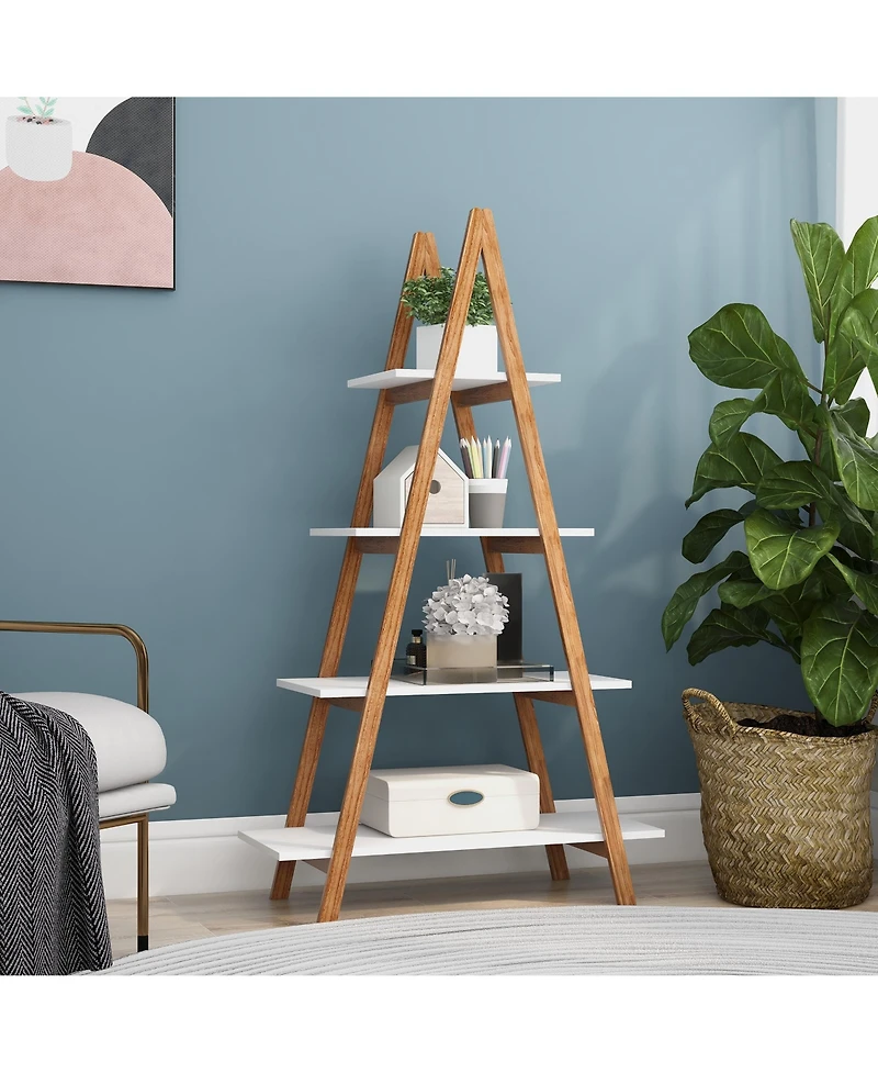 flynama A-frame Solid Bamboo Ladder Bookshelf 4 Tier Open Display Storage Rack for Home Office