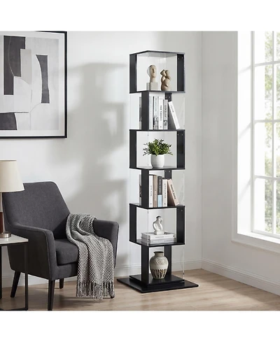 flynama 6-Tier 360 Degree Rotating Bookshelf Particleboard Acrylic Anti-Tall Base Household Multi-Layer Storage Display Shelf