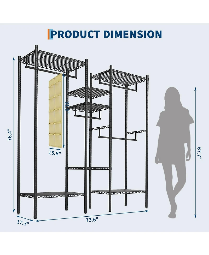 gaomon 73.6" Metal Heavy Duty Clothes Rack, Organizer Rack with Adjustable Shelves and Hanging Rods for Closet, Wardrobe, for Dorm
