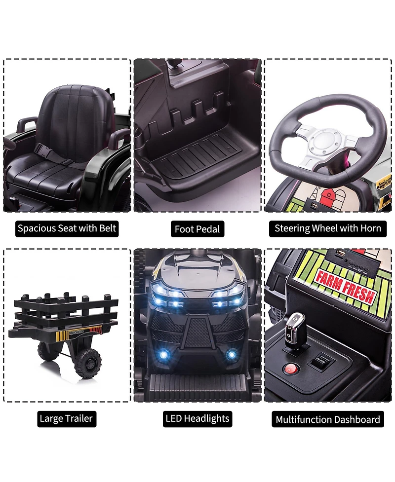 homfan 12V Ride On Tractor with Trailer, Dual 40W Motors, Led Headlights, Usb/MP3, Outdoor Backyard Play