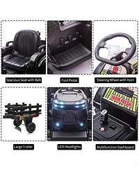 homfan 12V Ride On Tractor with Trailer, Dual 40W Motors, Led Headlights, Usb/MP3, Outdoor Backyard Play