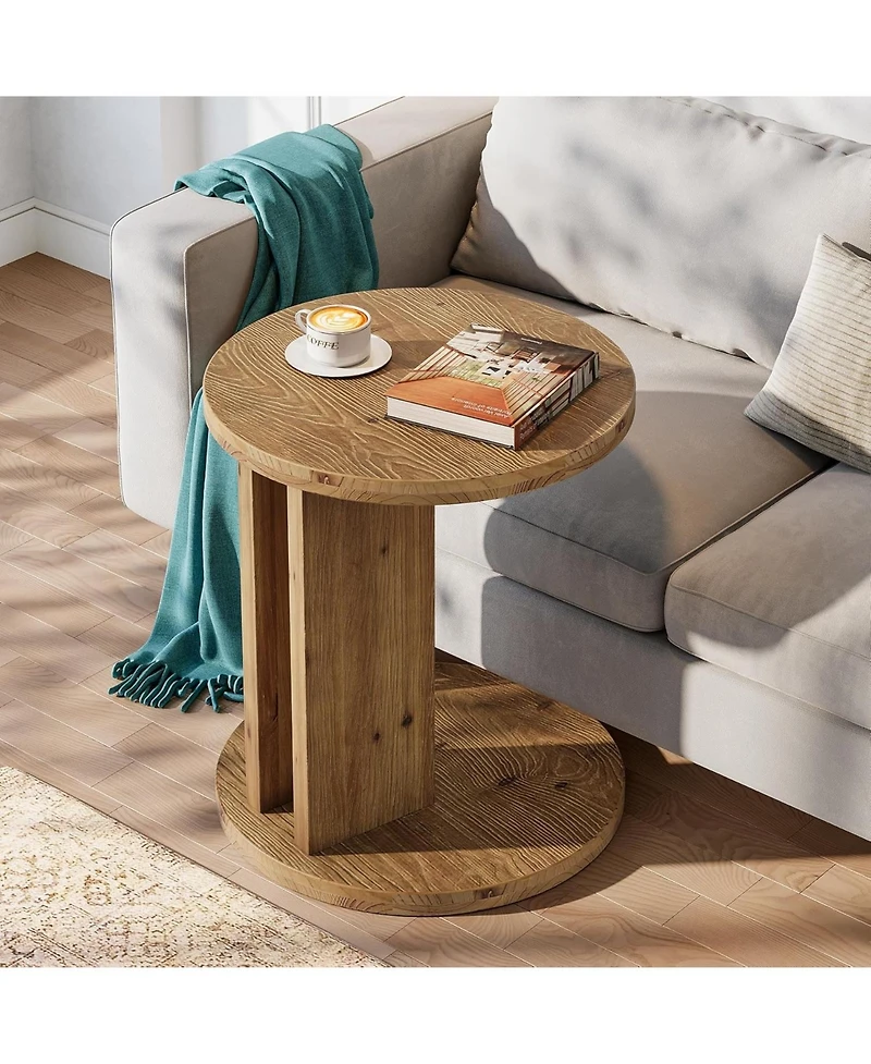Tribesigns Solid Wood End Table, C-Shaped Round Side Table for Sofa and Bedside
