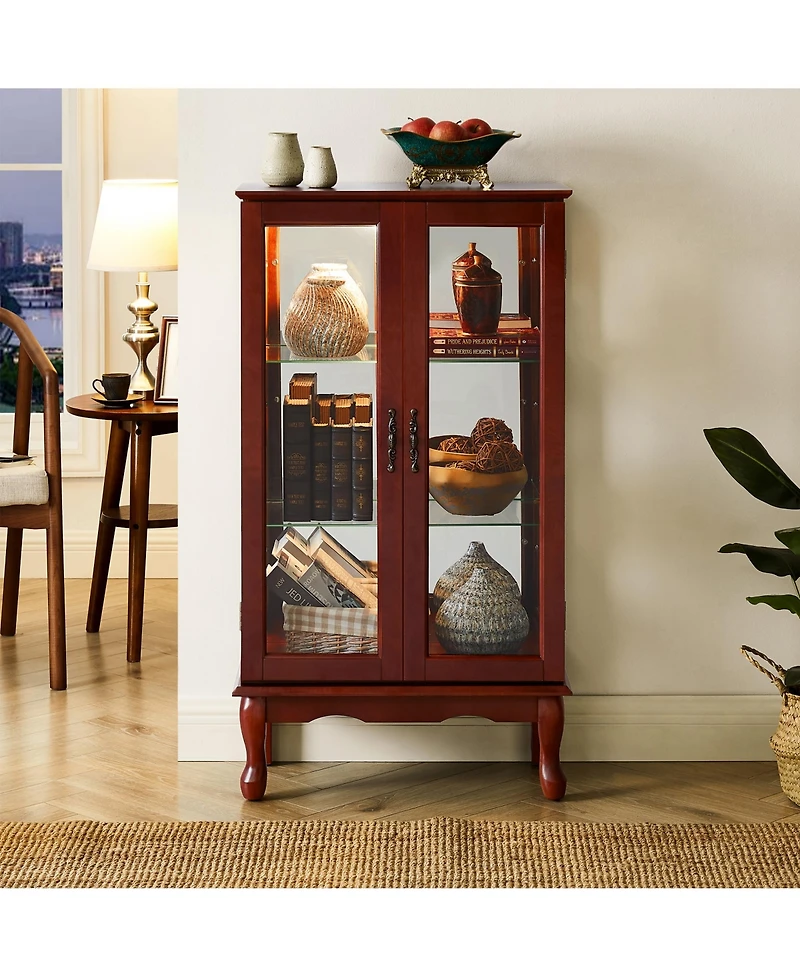 flynama 3-Tier Lighted Glass Curio Cabinet Acrylic Mirror Back Adjustable Tempered Glass Shelf Home Collection Display Cabinet