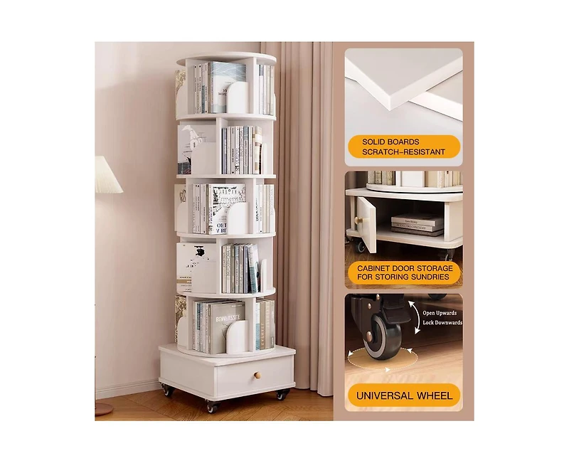 flynama 6-Tier 360 Degree Rotating Bookshelf with Single Drawer, Tall Narrow Wooden Corner Home Display Rack