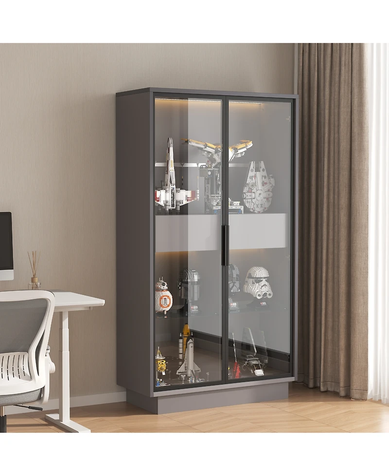flynama 60.6 Inch Freestanding Glass Door Display Cabinet Led Light Adjustable Shelves Home Storage Cabinet