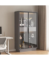 flynama 60.6 Inch Freestanding Glass Door Display Cabinet Led Light Adjustable Shelves Home Storage Cabinet