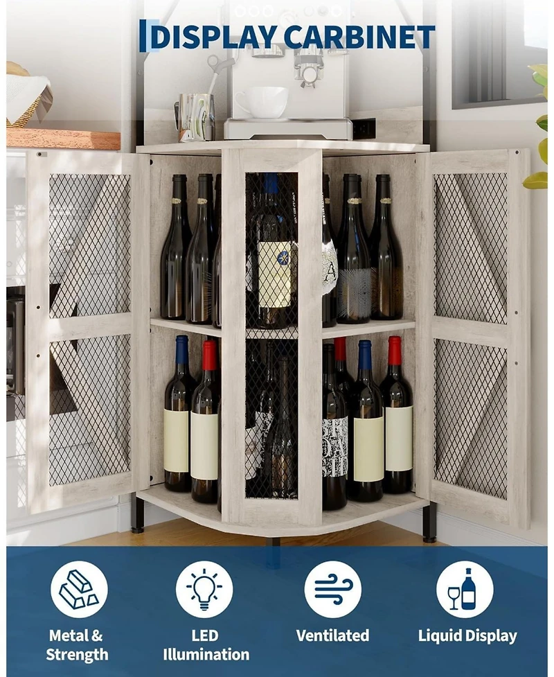 gaomon 72" Industrial Corner Wine Cabinet Built-in Power Outlet and Led Strip, Mesh Door with Glass Holder, 5-Tier Bar Display for Home or Small Space
