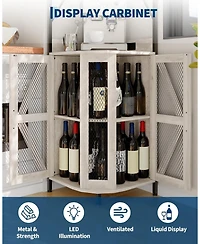 gaomon 72" Industrial Corner Wine Cabinet Built-in Power Outlet and Led Strip, Mesh Door with Glass Holder, 5-Tier Bar Display for Home or Small Space
