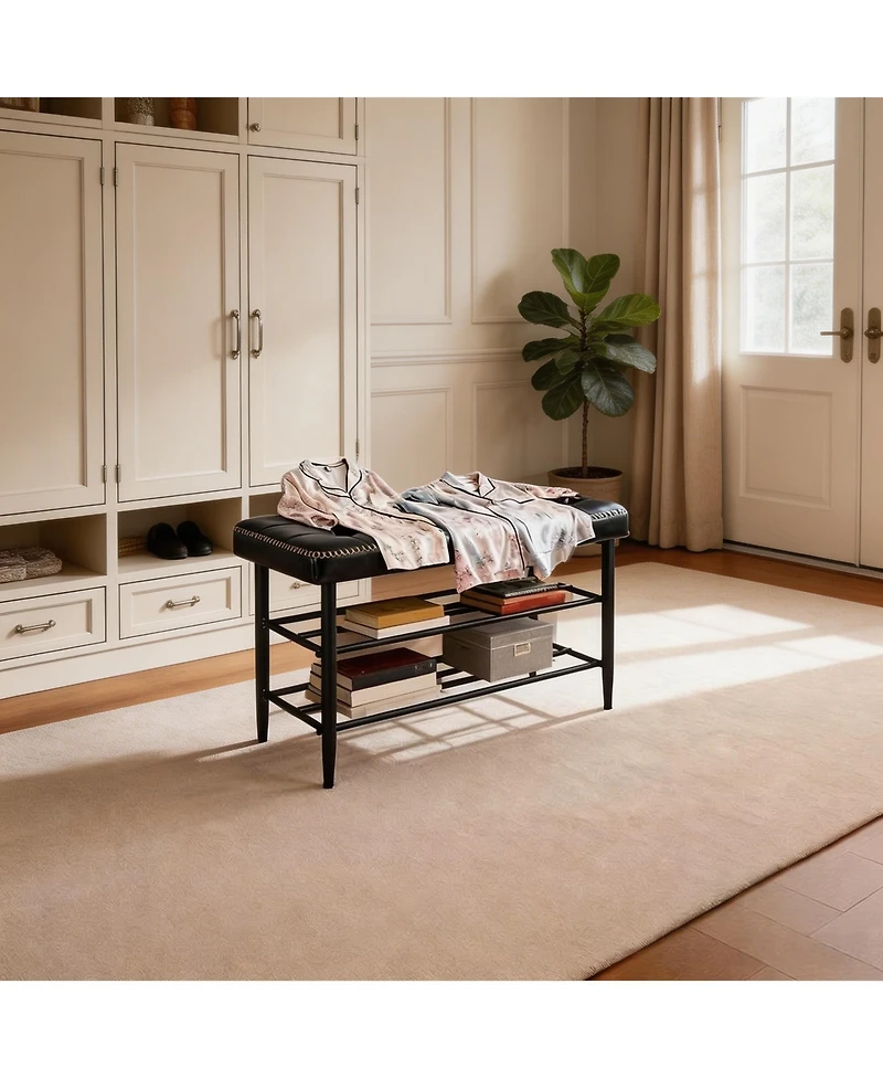 homfan Oil-Wax Leather Shoe Storage Bench, 3-Tier Shelf Sturdy Steel Frame Comfort Accent Bench for Entryway Bedroom