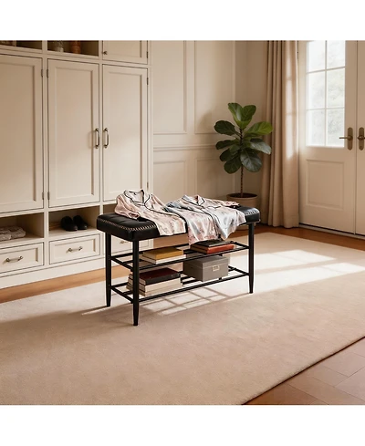 homfan Oil-Wax Leather Shoe Storage Bench, 3-Tier Shelf Sturdy Steel Frame Comfort Accent Bench for Entryway Bedroom