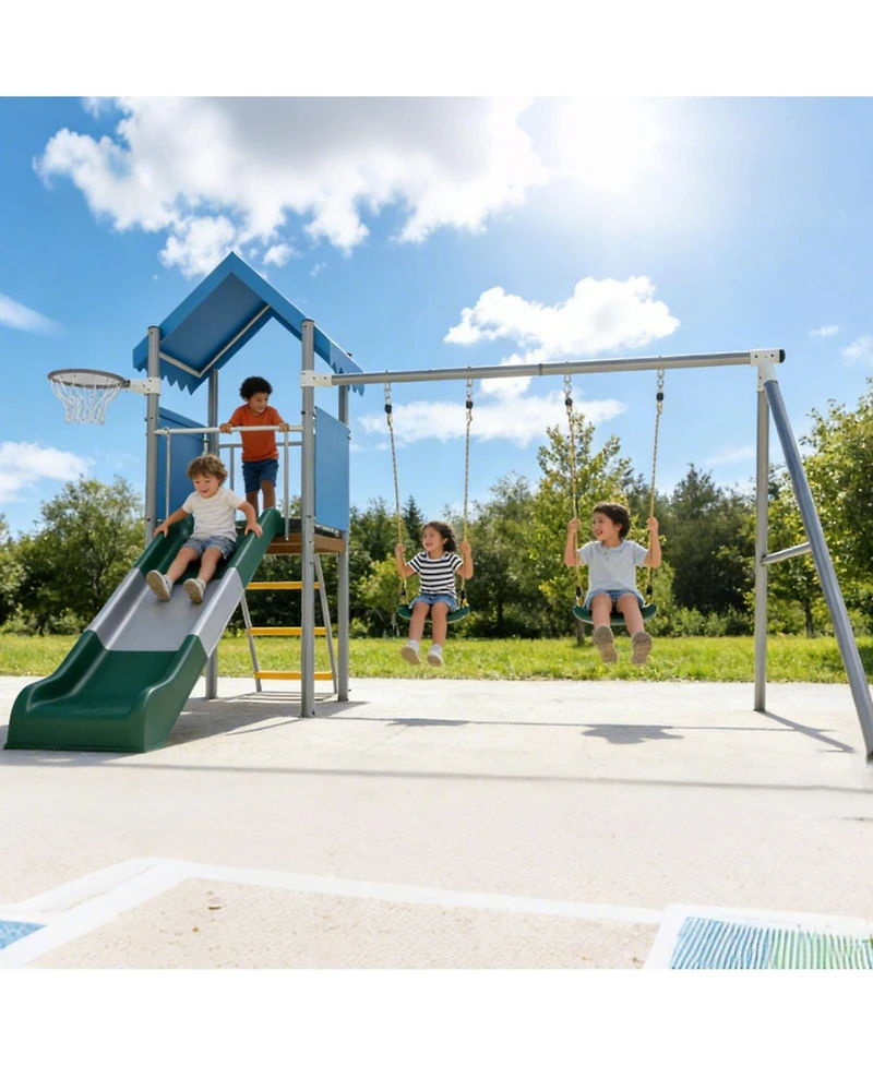 homfan 112 x 110 x 97 Inch Galvanized Steel and Pe Outdoor Kids Treehouse Swing and Slides Playset with 2 Straight Swings