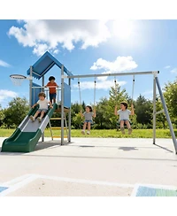 homfan 112 x 110 x 97 Inch Galvanized Steel and Pe Outdoor Kids Treehouse Swing and Slides Playset with 2 Straight Swings