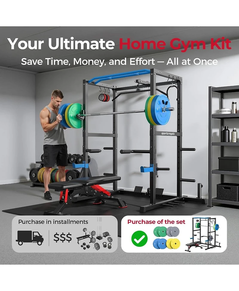 Fed Fitness Power Rack Cage with Weight Plates and 7FT Olympic Barbell, All-in-One Home Gym Squat Workout Station Pulley System