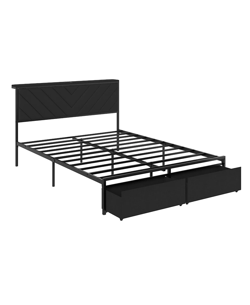 Modern Upholstered Platform Bed with 2 Storage Drawers and Built-In Power Outlet, Heavy-Duty Steel Slats, No Box Spring Needed