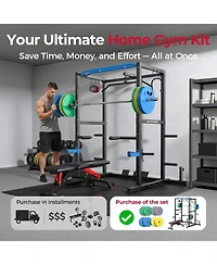 Fed Fitness Power Rack Cage with 140LB Weight Plates and 7FT Olympic Barbell, All-in-One Home Gym Squat Workout Station Pulley System