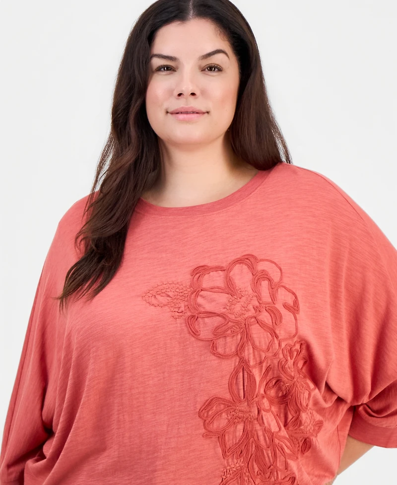 Democracy Plus Dolman-Sleeve Soutache Floral-Embroidered Top