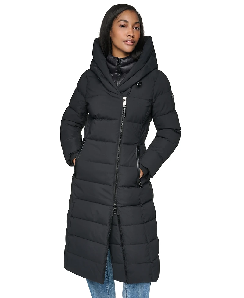 Dkny Women's Bibbed Shawl Collar Hooded Puffer Coat