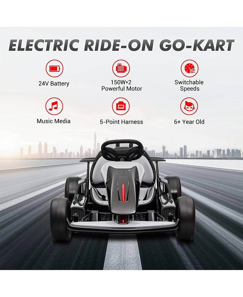 homfan 49.6 x 26.6 11.0 Inch Kids Electric Drift Go Kart, 24V Battery Powered Racing Kart with 10 Mph Speed, 2 Motor for Outdoor Fun