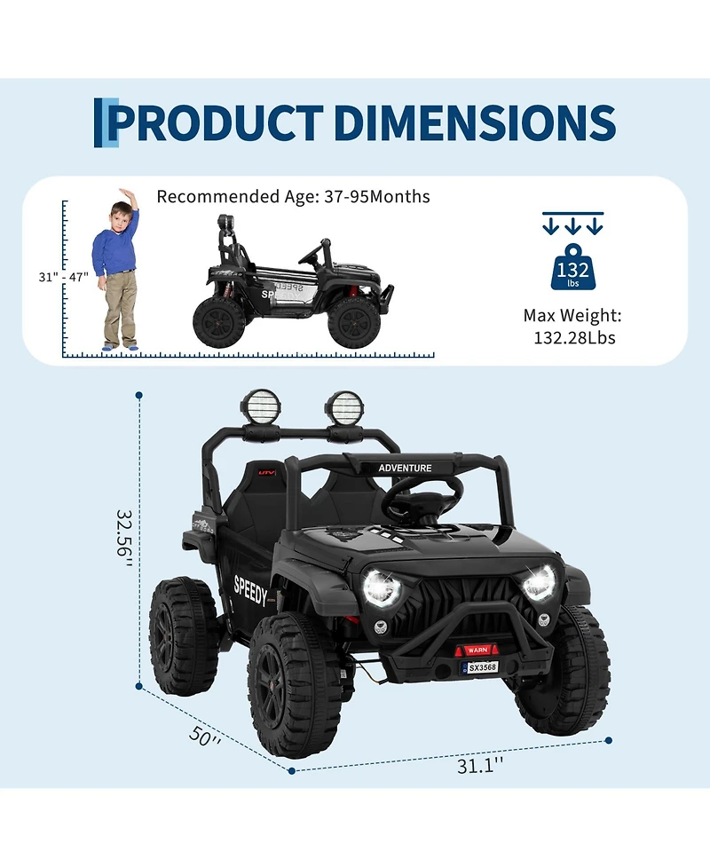 Homfan 48.4x31.1x32.6 24V Kids Electric Ride-On Car with Remote Control. Metal Frame. Led Lights. for Outdoor Play.