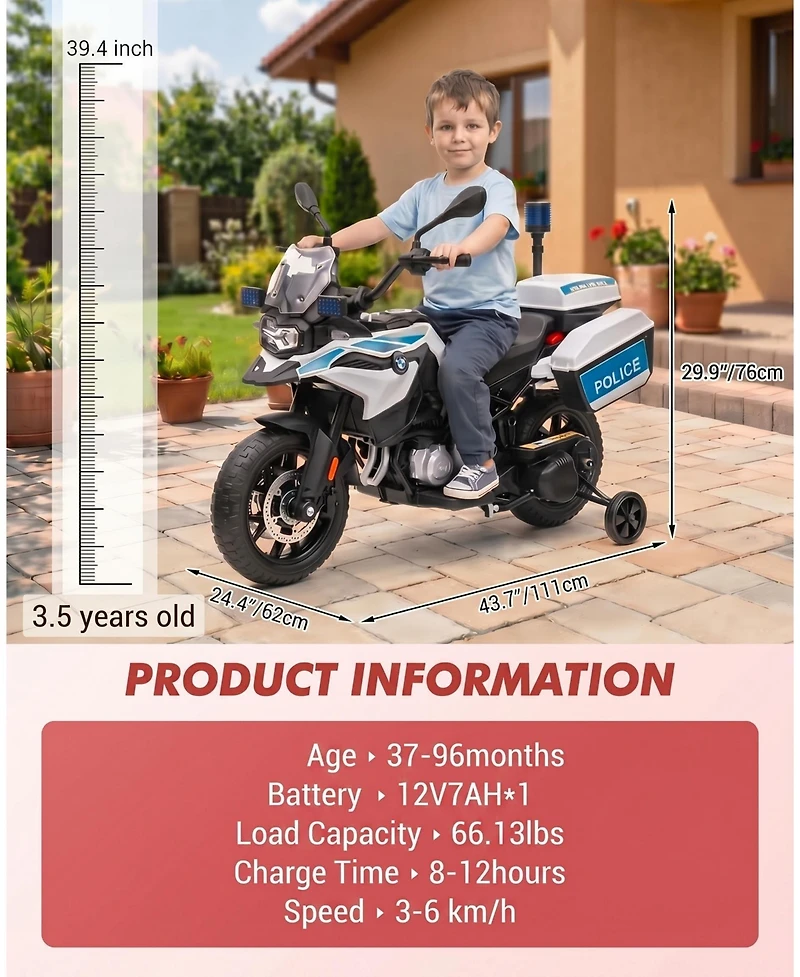 homfan Licensed Kids Ride On Police Motorcycle, 12v Electric Toy with Eva Tires and Warning Lights for Boys and Girls