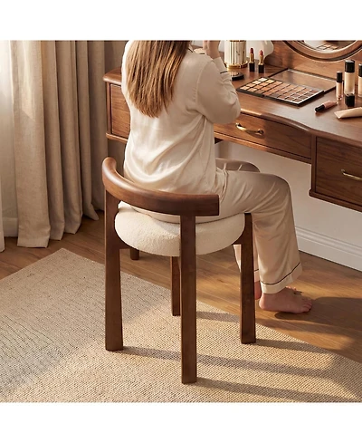 Tribesigns Wood Vanity Stool with Faux Wool Cushion, Upholstered Makeup Chair with Solid Wood Frame, Round Vanity Ottoman Seat