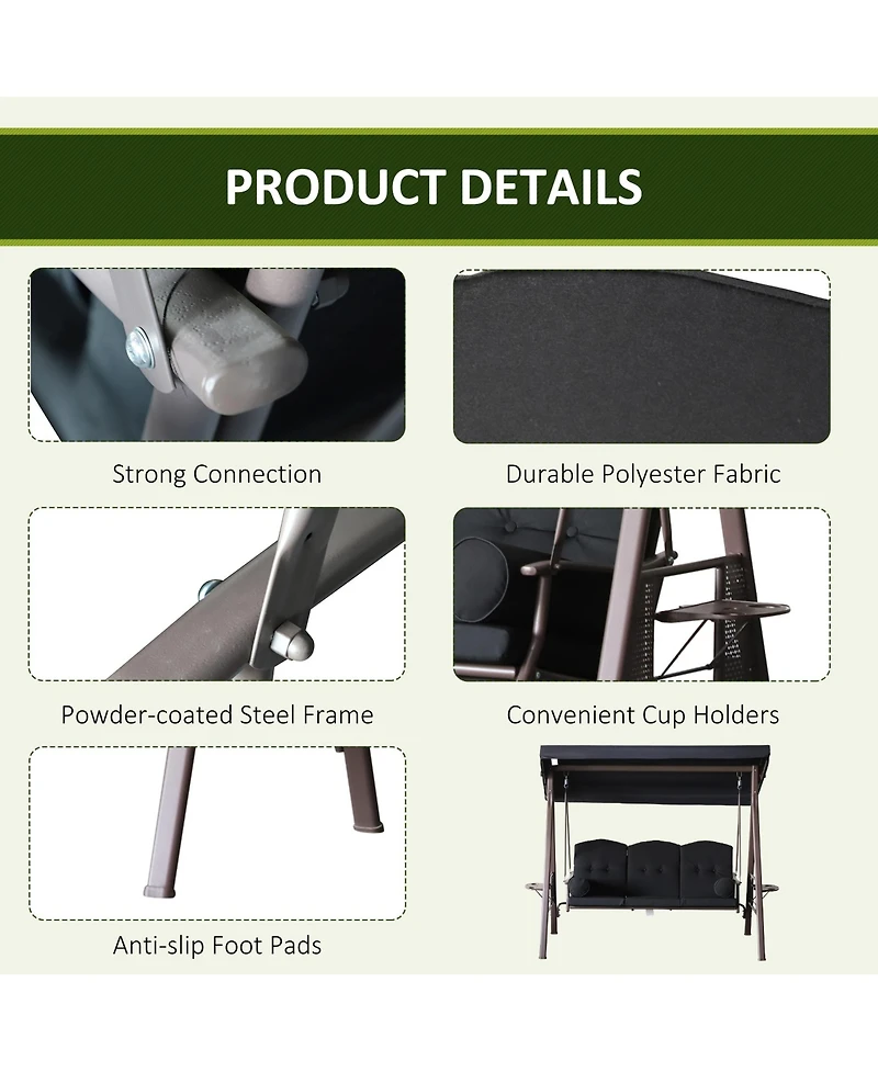 Outsunny Outdoor Patio 3-Person Steel Canopy Cushioned Seat Bench Swing with Included Side Trays & Padded Comfort