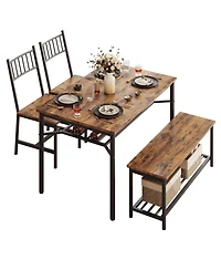 homfan 4-Piece Dining Set Space-Saving Rectangular Table with Chairs, Storage Bench & Wine Rack – Sturdy Metal Frame for Small Spaces