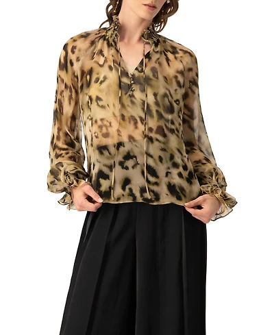 Ivonne Women's Sheer Chiffon Tie-Neck Blouse Abstract Animal Print