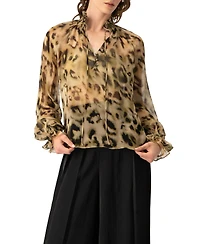 Ivonne Women's Sheer Chiffon Tie-Neck Blouse Abstract Animal Print