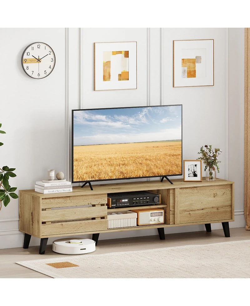 Slickblue Mid Century Modern Tv Stand for 80 Inch TVs with Sliding Door Cabinets