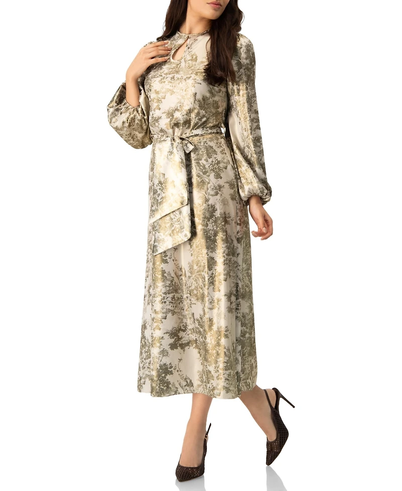 Ivonne Women's Botanical Print Satin, Long Sleeve Belted Keyhole Midi Dress