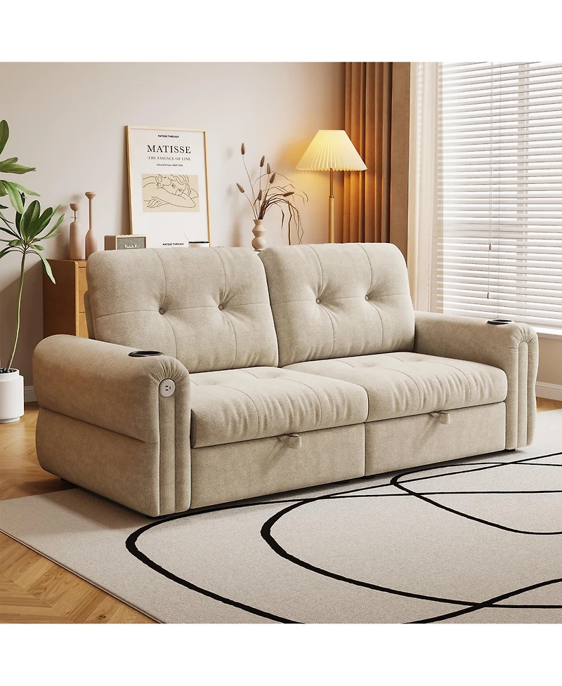 Lucky One 77" 2-in-1 Convertible Sofa with Usb Charging Port and Dual Armrest Cup Holders