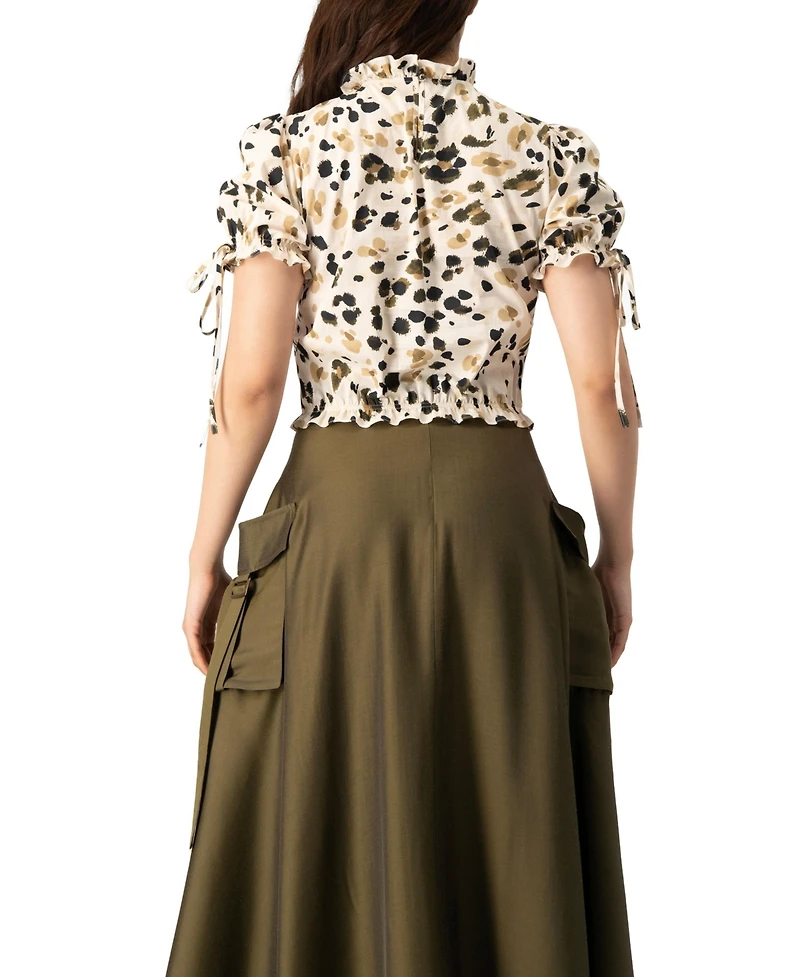 Ivonne Women's Abstract Animal Print Crop Blouse, Puff Sleeve Ruffle Neck Top