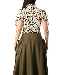 Ivonne Women's Abstract Animal Print Crop Blouse, Puff Sleeve Ruffle Neck Top