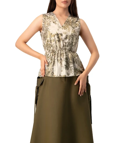 Ivonne Women's Sleeveless Peplum Blouse Abstract Botanical Print Top