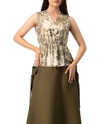 Ivonne Women's Sleeveless Peplum Blouse Abstract Botanical Print Top